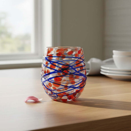 The Talavera Hub hand-blown stemless wine glass with orange and blue swirl pattern, made from recycled glass.