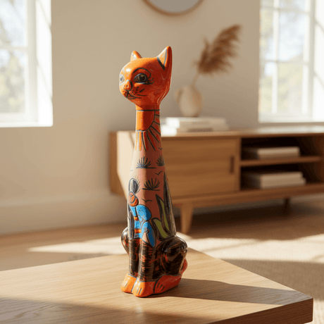The Talavera Hub orange terracotta cat statue with desert design, hand-painted ceramic, 19.5 inches tall.