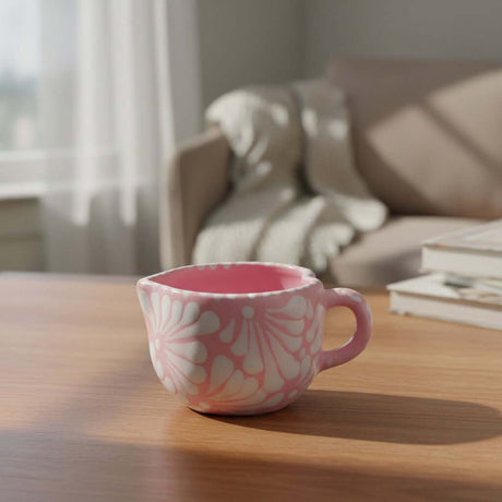 The Talavera Hub hand-painted pink ceramic heart-shaped mug with white floral patterns on a wooden table.
