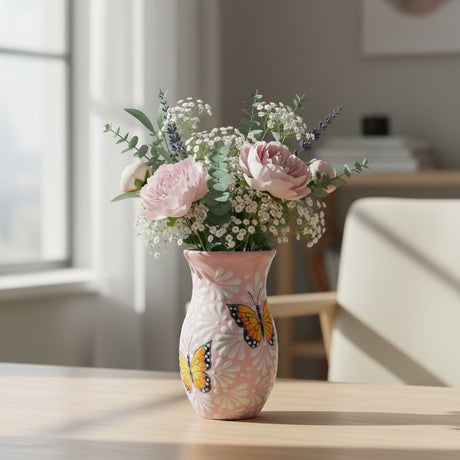 The Talavera Hub pink and white ceramic vase with monarch butterfly motif and floral relief. Handcrafted in Mexico.