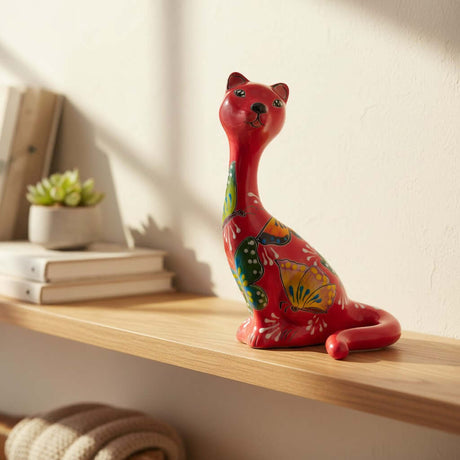 The Talavera Hub handcrafted red ceramic cat figurine with hand-painted butterfly patterns on a wooden shelf.