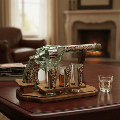 The Talavera Hub handblown Mexican shot glass set with revolver decanter on wooden stand. Clear glass with rustic lettering.