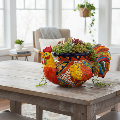 The Talavera Hub handcrafted ceramic rooster planter, hand-painted with vibrant red, yellow, blue, and green Talavera patterns.