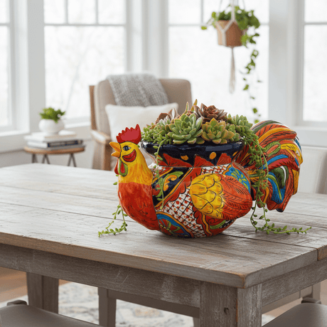 The Talavera Hub handcrafted ceramic rooster planter, hand-painted with vibrant red, yellow, blue, and green Talavera patterns.