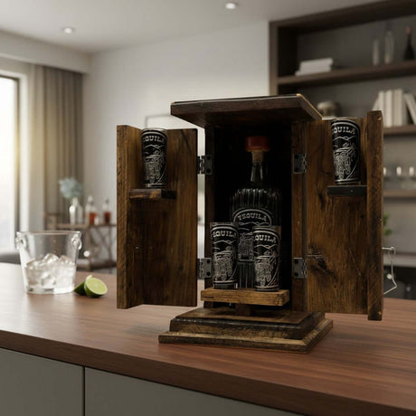 The Talavera Hub rustic wood box with handblown shot glasses and decanter, featuring etched designs.