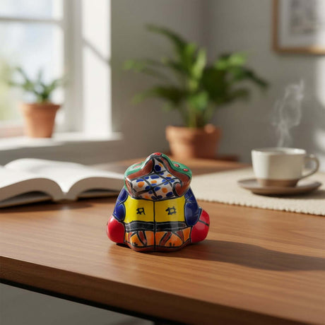 The Talavera Hub hand-painted ceramic Panchito figurine of a sleeping man, featuring vibrant blue, yellow, red, and green Talavera patterns.