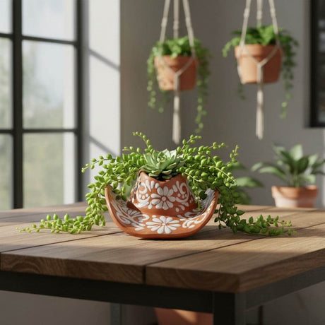 The Talavera Hub sombrero-shaped ceramic planter in brown and white with hand-painted floral patterns on a wooden table.