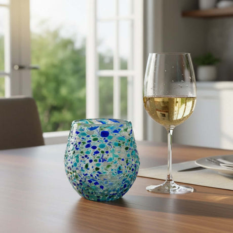 The Talavera Hub hand blown stemless wine glass with blue, green, and white confetti design. Made of recycled glass.