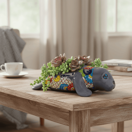 The Talavera Hub medium grey ceramic seal planter with colorful Talavera hand-painted details. Ideal for indoor/outdoor use.