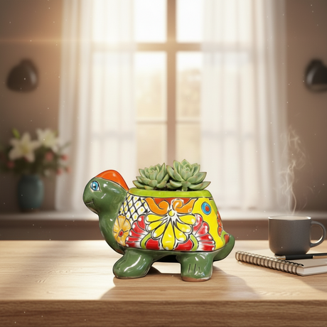 The Talavera Hub hand-painted green ceramic turtle planter with colorful floral designs and orange head, holding succulents.