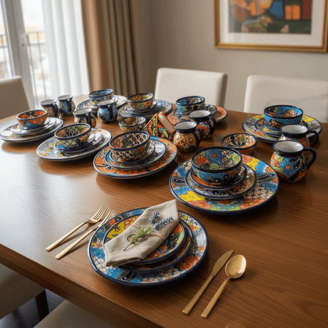 The Talavera Hub 51-piece Talavera dinnerware set with vibrant floral patterns and hand-painted details. Includes plates, bowls, mugs, and a napkin holder.