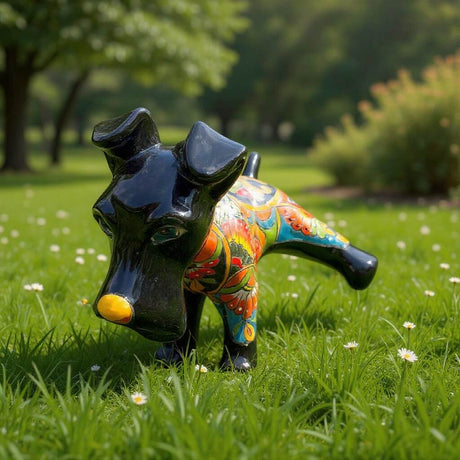 The Talavera Hub black ceramic dog sculpture with vibrant hand-painted floral patterns and a yellow nose.