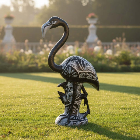 The Talavera Hub hand-painted ceramic flamingo statue with blue & white Talavera patterns. Ideal for shelves or gardens.