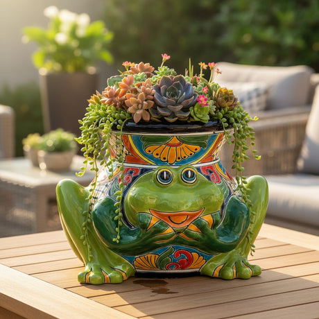 The Talavera Hub green frog planter with colorful hand-painted Mexican ceramic patterns. Ceramic pot.