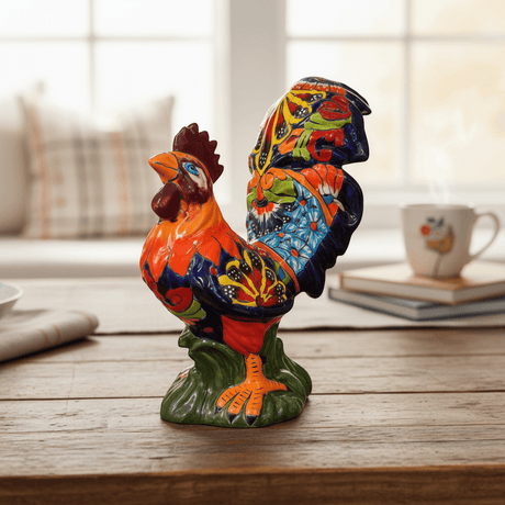The Talavera Hub hand-painted ceramic rooster statue with floral details in orange, yellow, red, blue, and green.