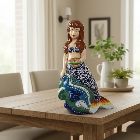 The Talavera Hub hand-painted ceramic mermaid figurine with floral tail, holding a fish. Coastal decor.
