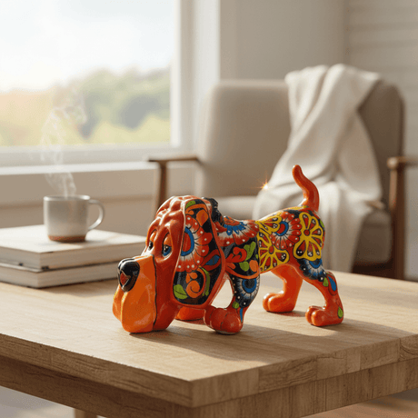 The Talavera Hub orange ceramic dog statue, hand-painted with colorful floral patterns. Lead-free glaze.