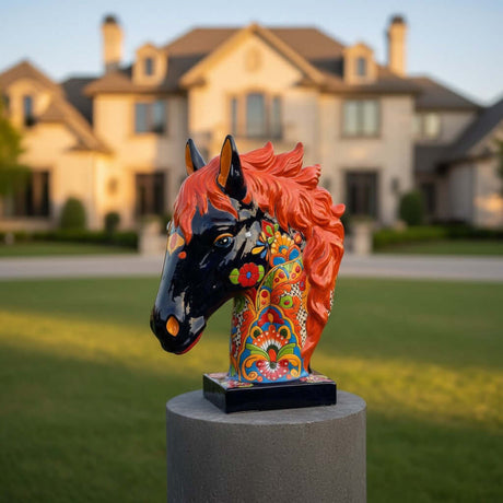 The Talavera Hub XL navy blue ceramic horse head statue with vibrant orange mane and multicolor floral details.