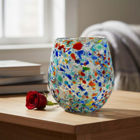 The Talavera Hub XL stemless wine glass with colorful confetti rock design, made of lead-free glass.