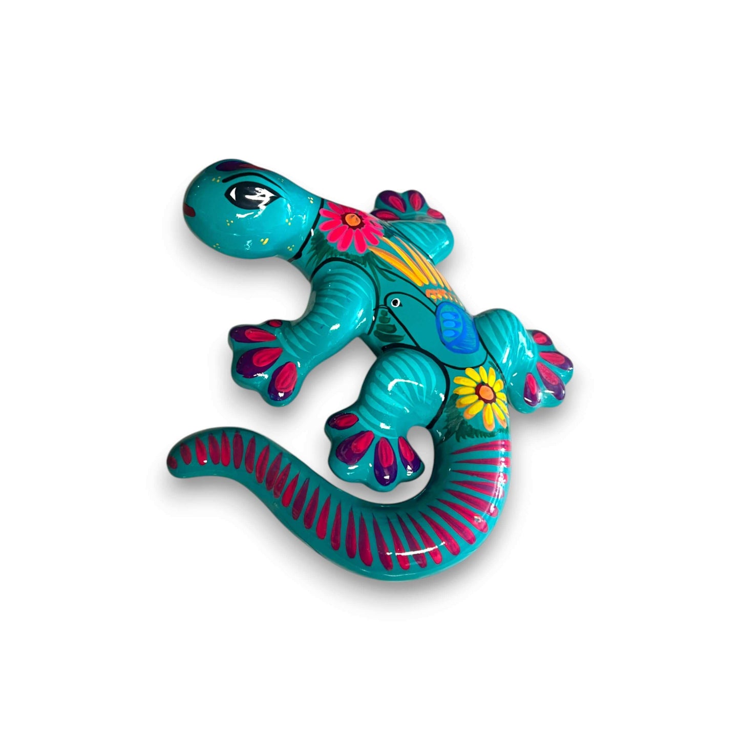 Hand-Painted Talavera Lizard Figurine | Colorful Mexican Wall Decor - turquoise hand-painted Guerrero-style ceramic lizard with floral accents