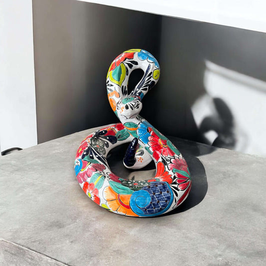 White Talavera Snake Statue | Hand-Painted Mexican Decor - colorful hand-painted Talavera snake sculpture from Guanajuato, Mexico