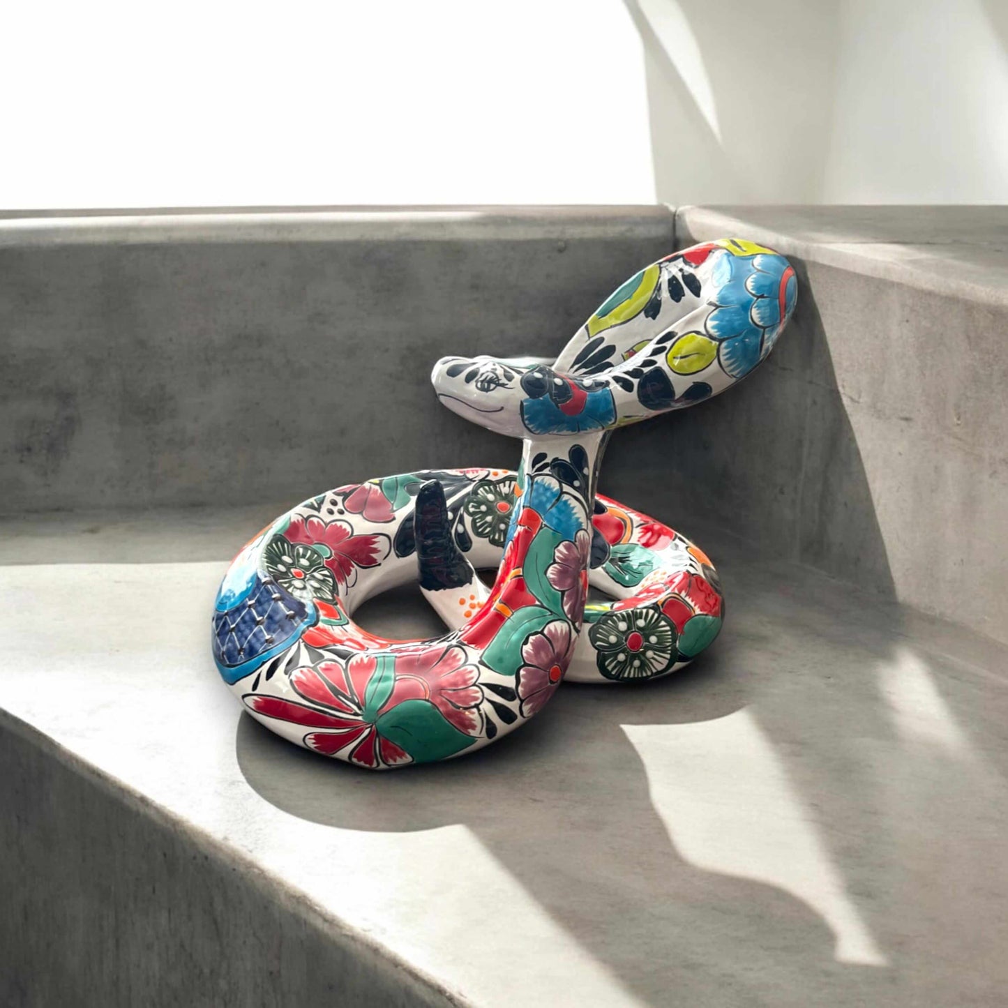 White Talavera Snake Statue | Hand-Painted Decor