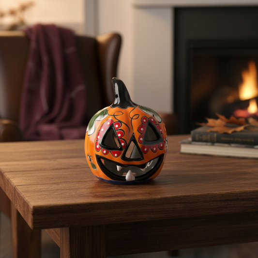 Orange Talavera jack-o’-lantern with a black stem and colorful painted face on a wooden table
