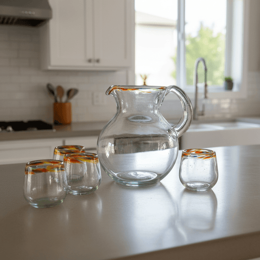 Clear confetti-rim glass pitcher filled with water beside four separate confetti-rim glasses on a kitchen counter