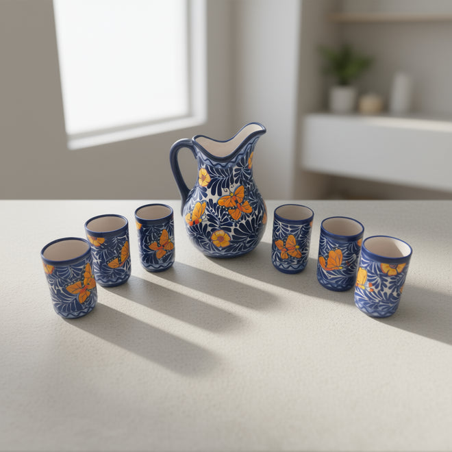 Blue Monarch Talavera Pitcher Set | Mexican Ceramic Drinkware on table