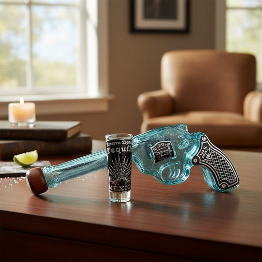 Handblown Mexican Revolver Decanter Set | Wooden Chest Display