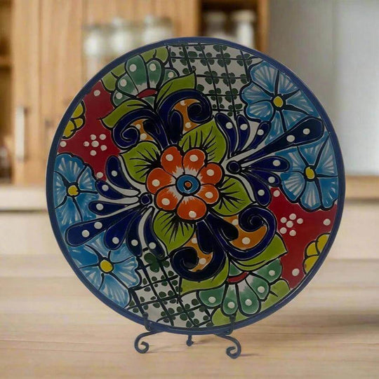 10" Talavera Dinner Plate | Mexican Handmade Dinnerware hand-painted bold floral red green orange on deep blue border