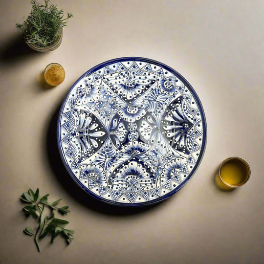 11.5" Talavera Blue & White Dinner Plate | Mexican Dinnerware - hand-painted blue and white Talavera ceramic plate on a neutral background