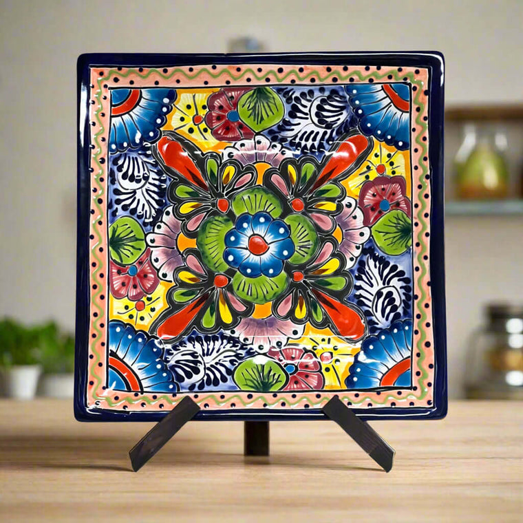 11" Square Talavera Dinner Plate | Vibrant Mexican Dinnerware - hand-painted 11.5" square Talavera plate with vibrant floral mandala, kiln-fired lead-free glaze