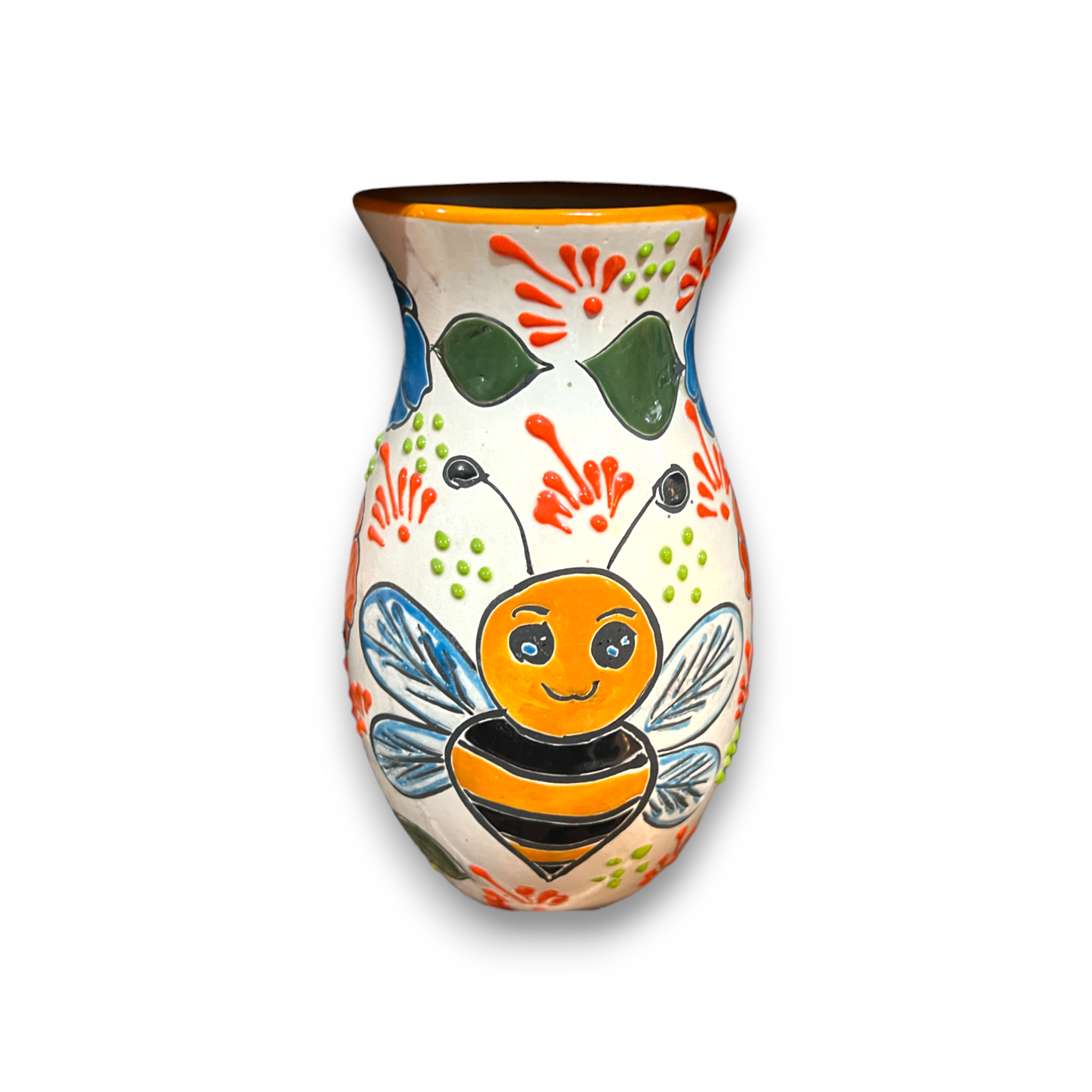 Talavera Vase with Bumble Bee Art | Hand-Painted Mexican Pottery