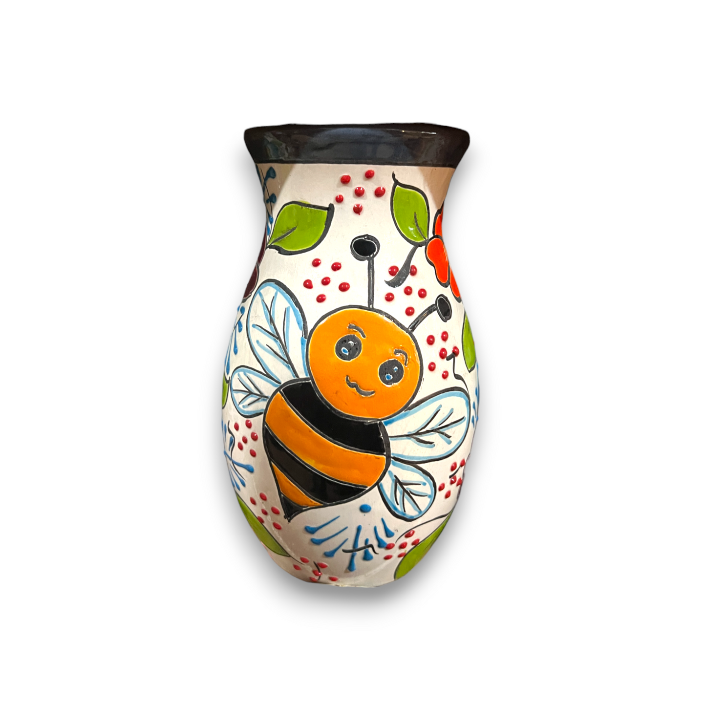 Talavera Vase with Bumble Bee Art | Hand-Painted Mexican Pottery