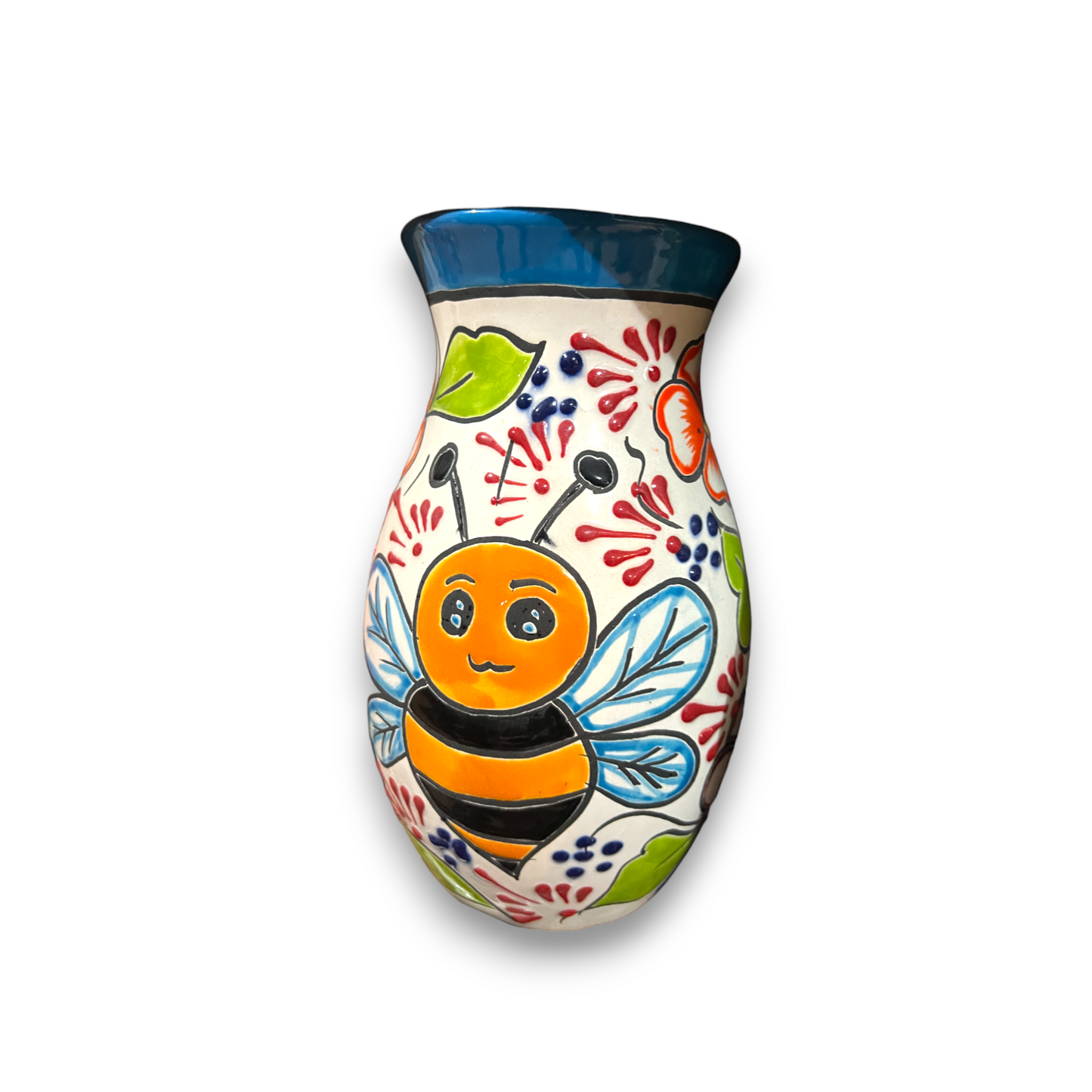 Talavera Vase with Bumble Bee Art | Hand-Painted Mexican Pottery