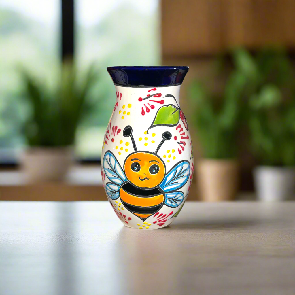 Talavera Vase with Bumble Bee Art | Hand-Painted Mexican Pottery