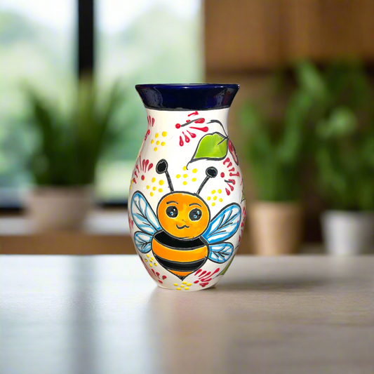 Talavera Vase with Bumble Bee Art | Hand-Painted Mexican Pottery