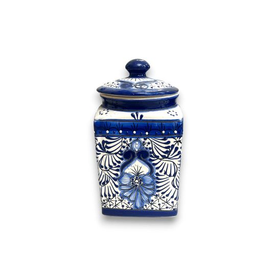 Blue Talavera Canister Set | Handmade Mexican Ceramic Jars - hand-painted blue and white Talavera ceramic jar with floral pattern