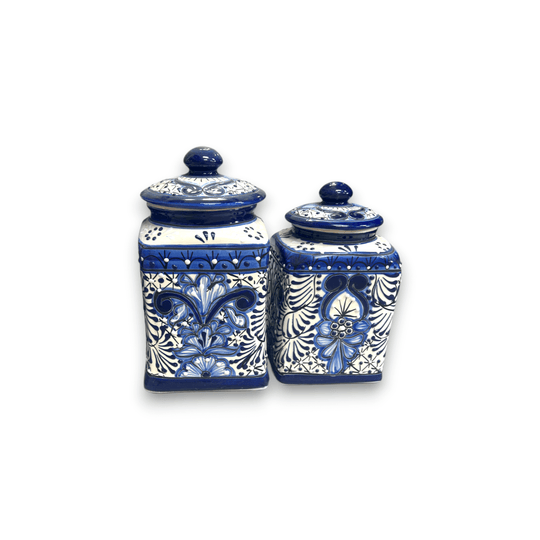 Blue Talavera Canister Set | Handmade Mexican Ceramic Jars hand-painted blue and white Talavera ceramic kitchen canister set