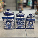 Blue Talavera Canister Set | Handmade Mexican Ceramic Jars hand-painted blue and white Talavera floral ceramic kitchen canisters