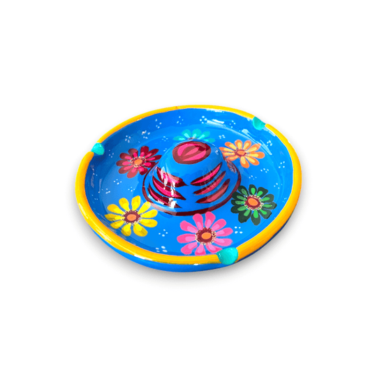 Mexican Handmade Bar Glass Rimmer | Hand-Painted Guerrero Pottery hand-blown blue floral glass rimmer, vibrant hand-painted Guerrero design