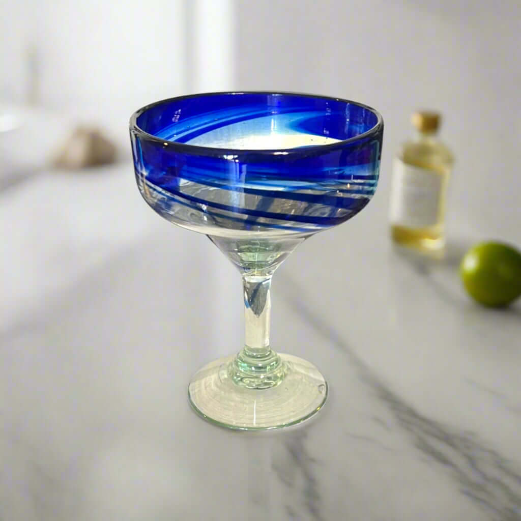 Hand-Blown Mexican Margarita Glass | Blue Swirl