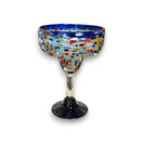 Mexican Hand-Blown Margarita Glass | Blue Confetti Rock Design - hand-blown lead-free margarita glass with multicolor confetti rim
