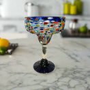 Mexican Hand-Blown Margarita Glass | Blue Confetti Rock Design - hand-blown lead-free margarita glass with colorful confetti pattern