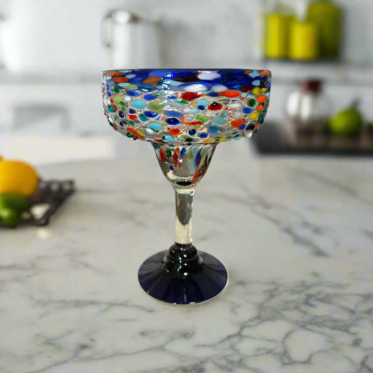 Mexican Hand-Blown Margarita Glass | Blue Confetti