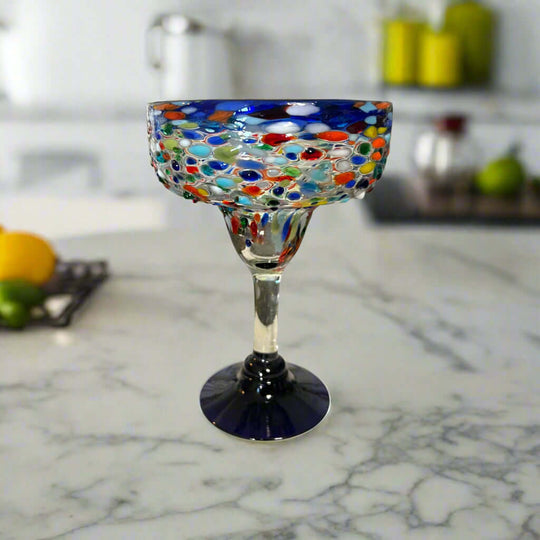 Mexican Hand-Blown Margarita Glass | Blue Confetti Rock Design - hand-blown lead-free margarita glass with colorful confetti pattern