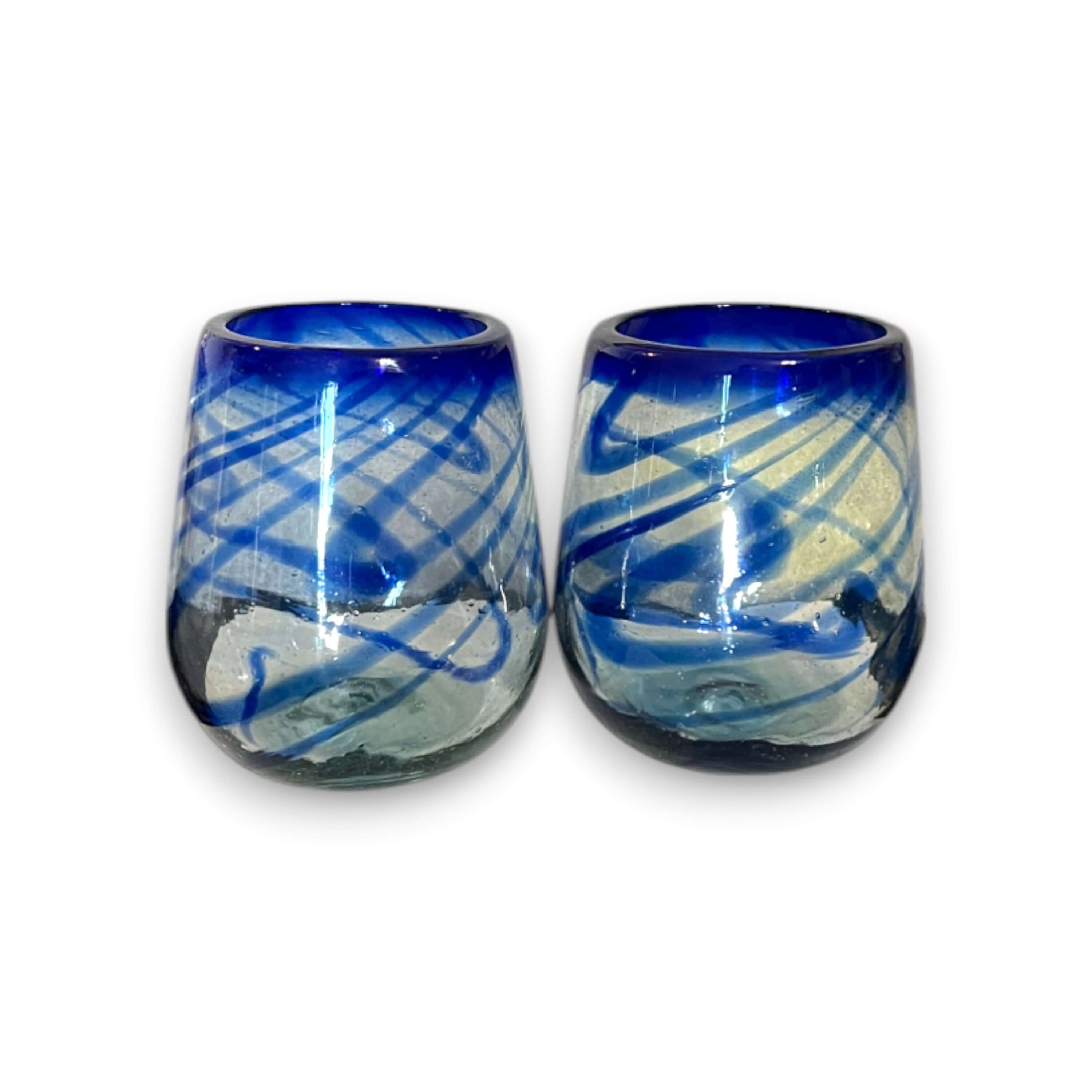 Mexican Stemless Wine Glass - Blue Swirl Design
