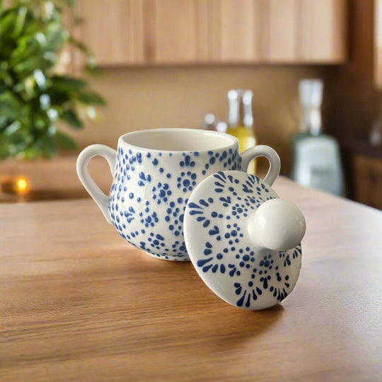 Blue & White Talavera Sugar Jar | Handmade Puebla Kitchenware - hand-painted two-handled sugar jar with lid, blue floral Puebla Talavera design