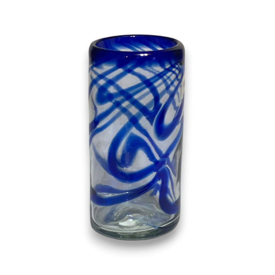 Hand-Blown Mexican Drinking Glass | Blue Swirl Design - hand-blown lead-free glass tall tumbler with vibrant blue swirl pattern from Guanajuato